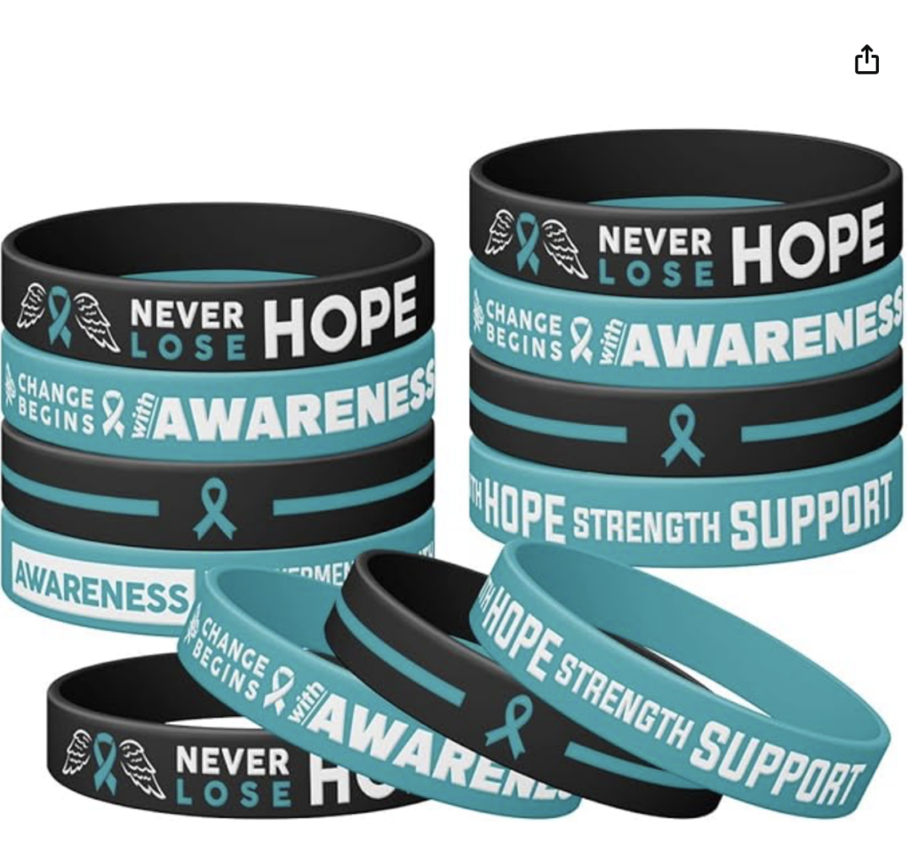 12 Pcs Teal Awareness Silicone Wristbands, Teal- Change Begins with Awareness, Never Lose Hope